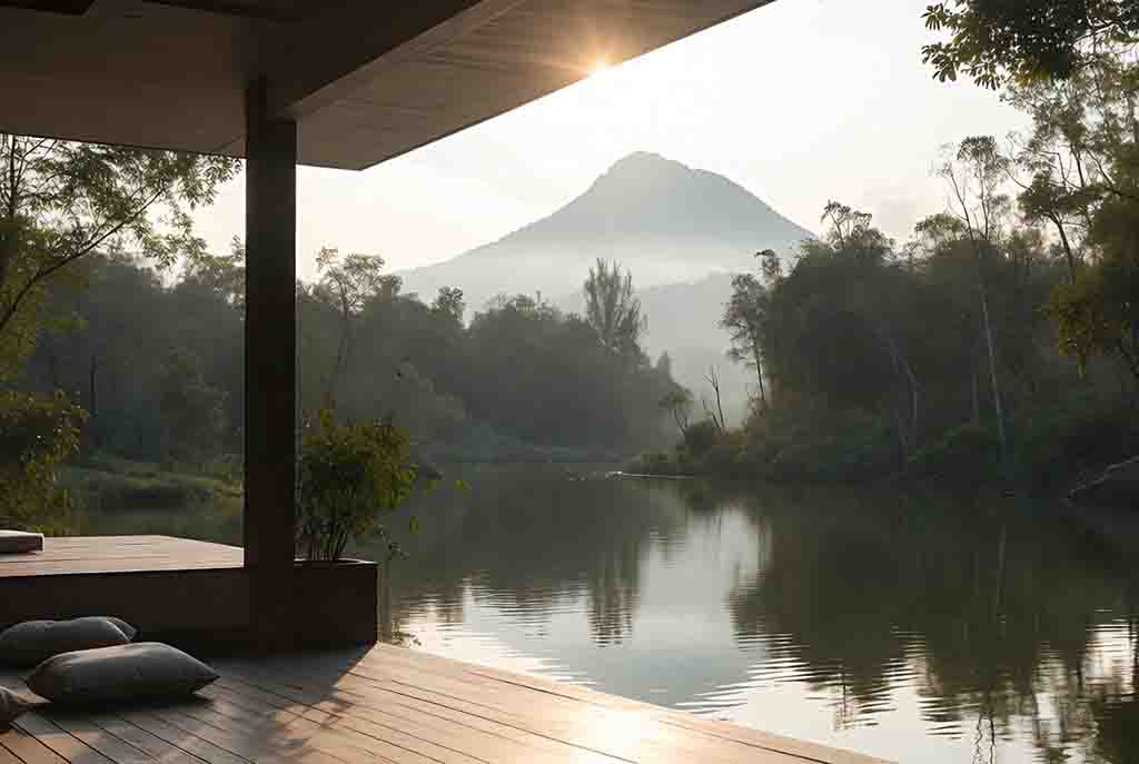 Eine luxuriöse, ruhige Wellness-Außenanlage an einem See, umgeben von dichten Bäumen und einem majestätischen Berg in der Morgendämmerung.