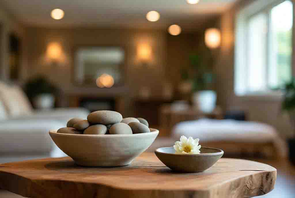 Ein Glas Wasser, eine kleine Topfpflanze und ein gefaltetes Handtuch auf einem Holztisch vor einer ruhigen See-Kulisse im Abendlicht.