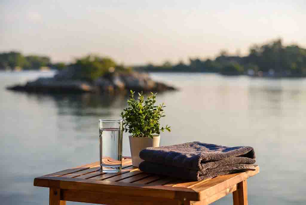 Ein Glas Wasser, eine kleine Topfpflanze und ein gefaltetes Handtuch auf einem Holztisch vor einer ruhigen See-Kulisse im Abendlicht.
